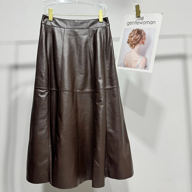 Real Leather Long Skirts Autumn Winter Women Top Layer Vegetable Tanned Sheepskin Burgundy/Coffee Simple Fashion Umbrella Skirt