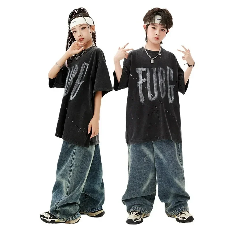 Boys Streetwear Street Dance Printed Loose T-shirt Jeans Girls Hip Hop Cool Clothes Sets Kids Jazz Denim Pants Outfits Costumes