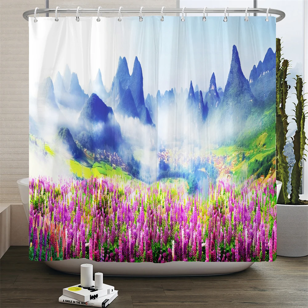 Purple lavender Natural Scenery Waterproof Polyester Shower Curtain with Hooks For Bathtub Bathroom Screen Home Decor Wall Cloth