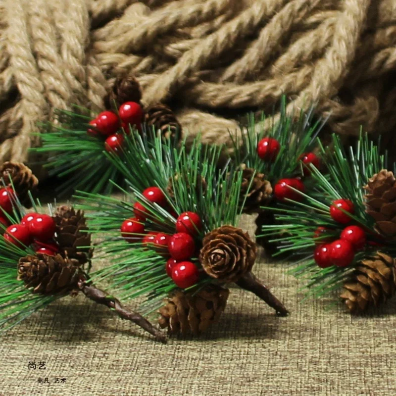 10PCS Artificial Flower Red Christmas Berry Pine Cone Holly Branches Decoration for Home Floral Decor Crafts