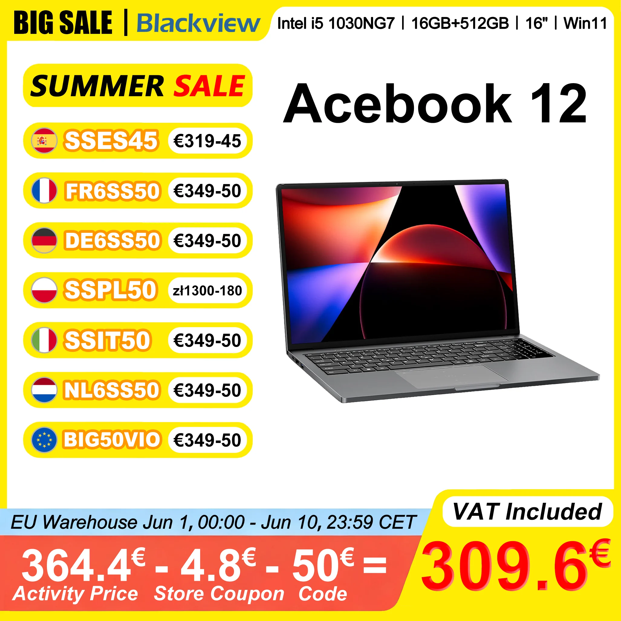 Blackview AceBook 12 Laptop 16'' FHD IPS Intel I5-1030NG7 16GB RAM 512GB SSD 2-in-1 Fingerprint Power Button Winddows 11