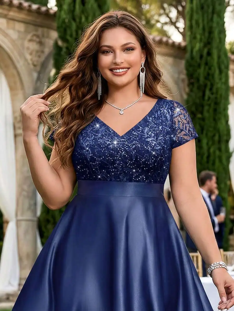 

Plus Size V-Neck Sequin Embroidery Satin A-Line Formal Dress For Gala Wedding Guest
