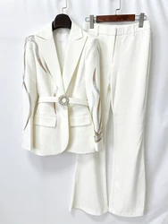 HIGH STREET Newest Fashion 2025 Designer Runway Suit Set Women's Colorful Diamonds Belted Blazer Flare Pants Suit 2pcs