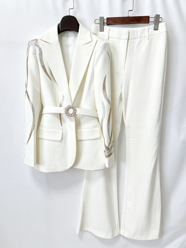 HIGH STREET Newest Fashion 2025 Designer Runway Suit Set Women's Colorful Diamonds Belted Blazer Flare Pants Suit 2pcs