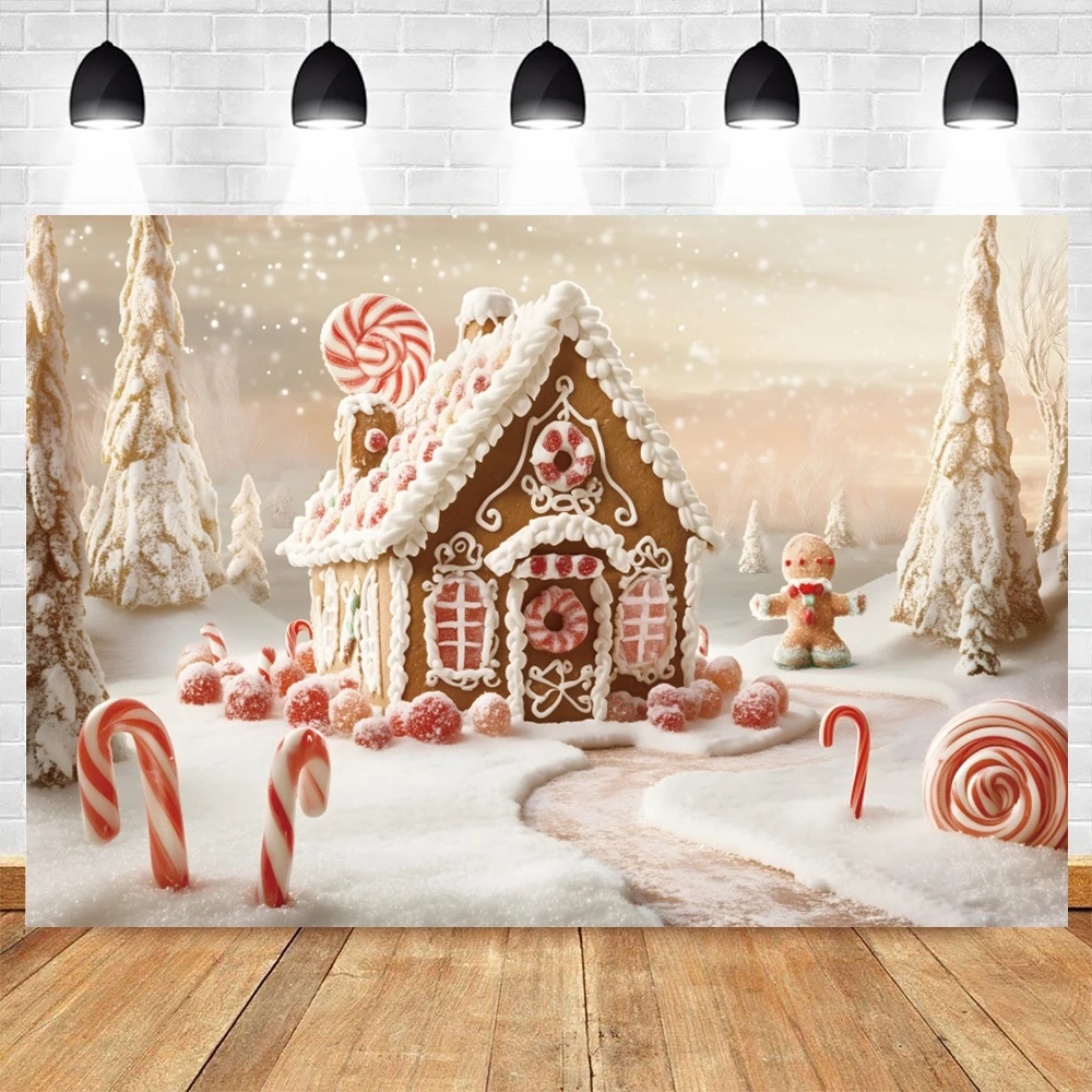 Christmas Gingerbread House Backdrop Photography Winter Snowy Candy House Decor Cake Smash Kids Portrait Photo Background Studio