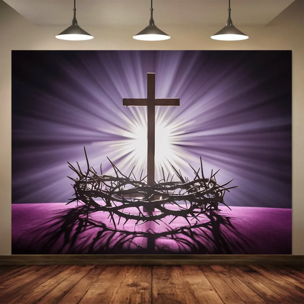 Biblical Cross and Thorns Tapestry Wall Hanging Christian Spiritual Art Purple Divine Light Decor Religious Room Decoration Gift