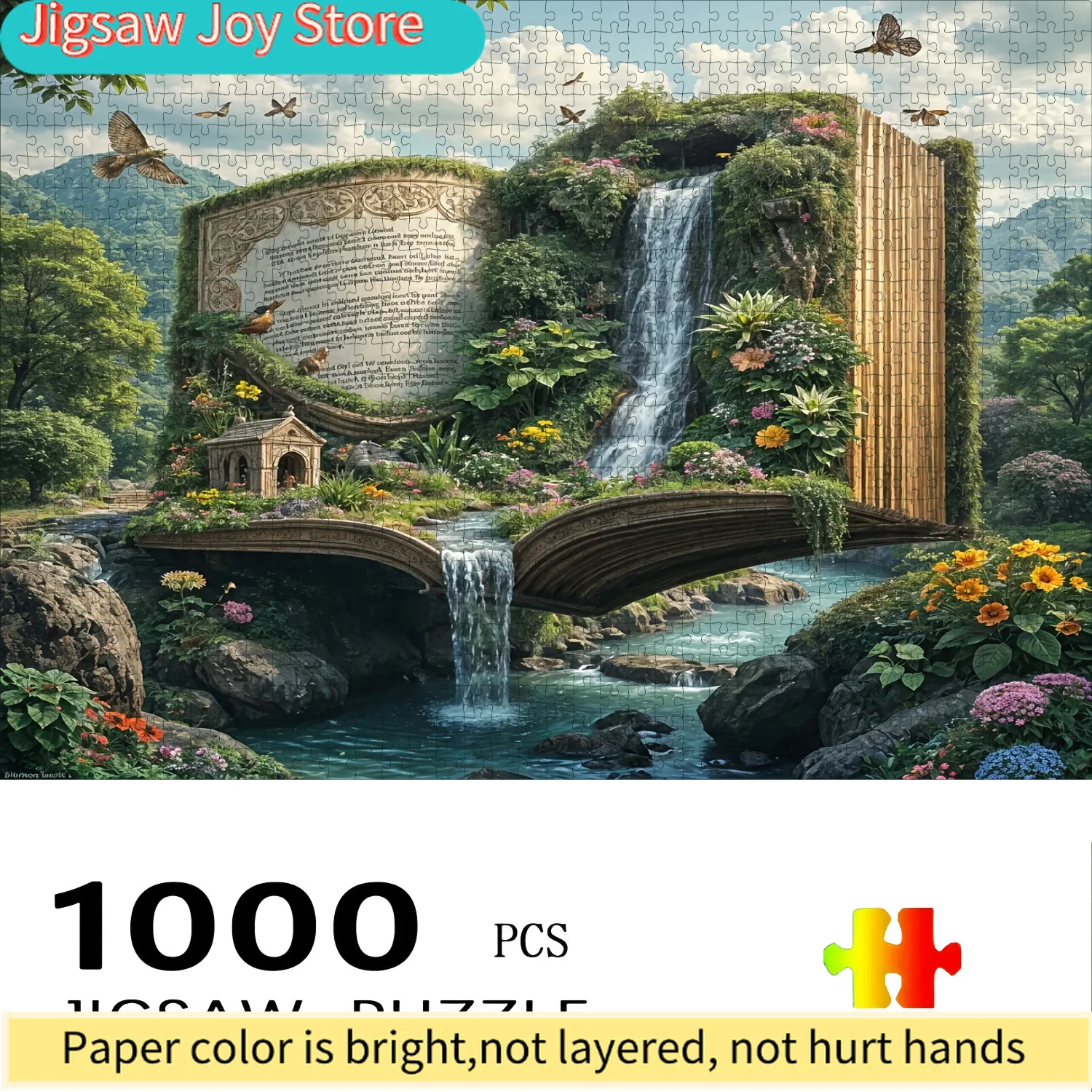 Magical Book World Jigsaw Puzzle - 70cm X 50cm Large Durable Cardboard Puzzle, Vibrant Colors, Waterfall Landscape Design, Su