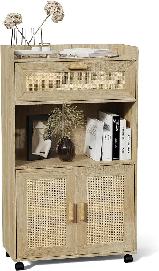 

Storage Cabinet ,Sideboard with Mobile Wheels & Rattan Doors, Drawer & Shelves for Hallway, Entryway, Kitchen, Living Room