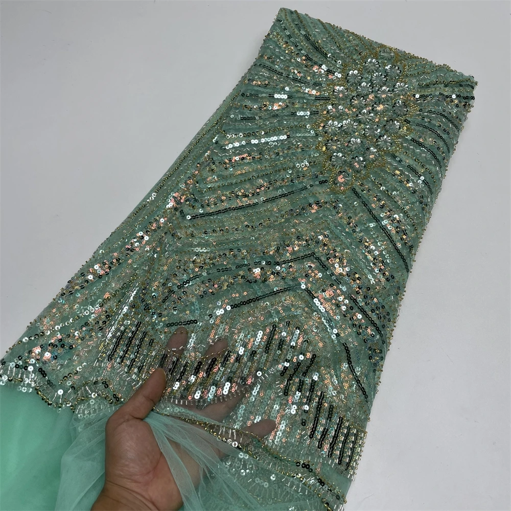 2024 High Quality African Sequins Tulle Embroidered Groom Lace Fabric Beaded Sequins Lace Fabric For Nigerian Wedding Sewing