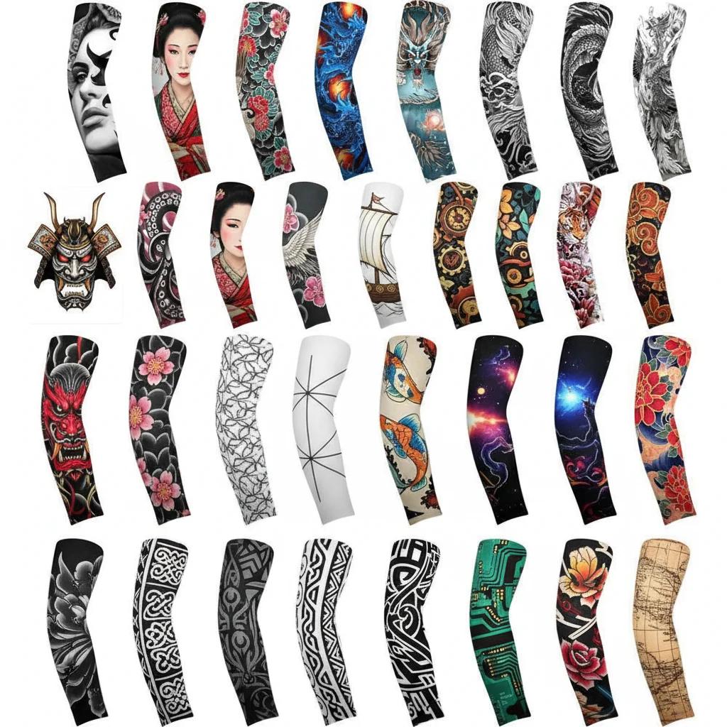 Summer Ice Silk Tattoo Sleeves Arts Temporary Fake Slip On Tattoo Arm Sleeves Sports Sunscreen Sleeves Cycling Driving Fishing