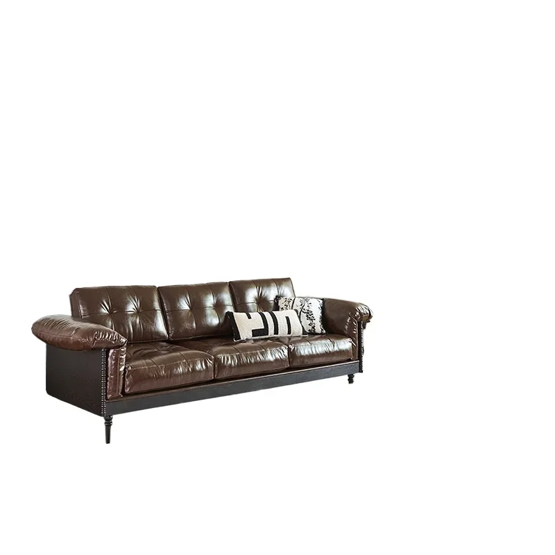 

French retro solid wood leather sofa medium antique style