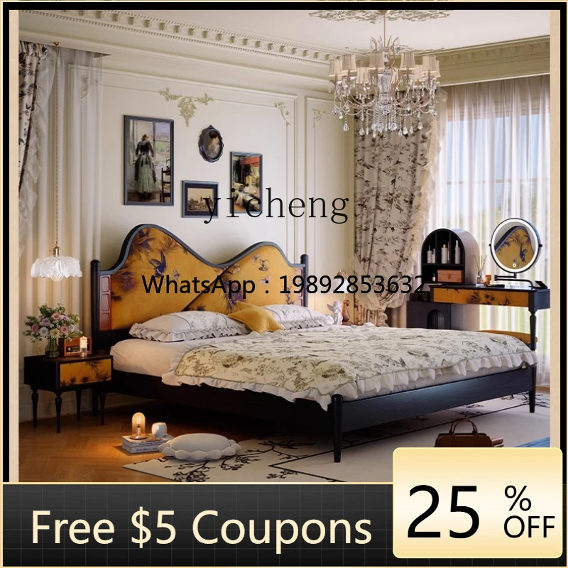 

Кровать R2 в стиле ретро из массива дерева, двуспальная кровать для главной спальни, средняя, в стиле антиквариат, с мягкой обивкой из кожи