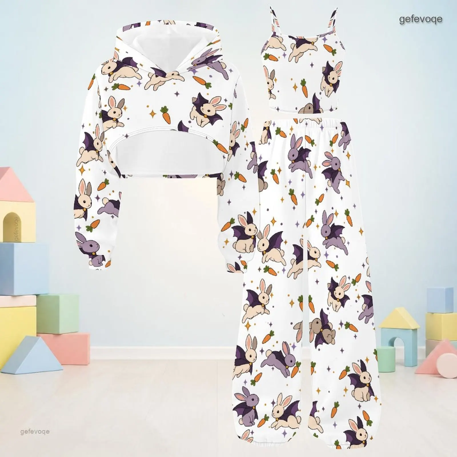 Autumn Graphic Print Girls 3 Piece Outfit Girls Hooded Playful Children Clothing Daily Wear