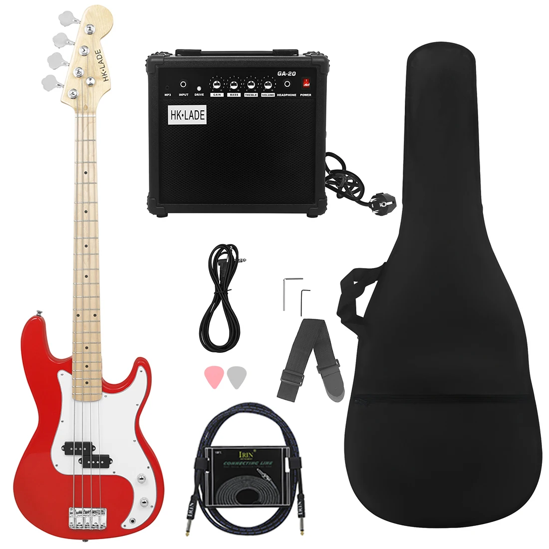 Red HK-LADE Electric Bass Set Maple Fretboard Electric Bass Guitar Set with Amplifier Bag Strap Picks 3M connection line Parts