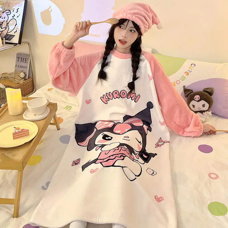 

Милые женские пижамы в стиле аниме Chiikawa с героями мультфильмов Kawaii Kuromi, хлопковая ночная рубашка, теплая модная одежда для сна Y2K Sweet Girl для сна