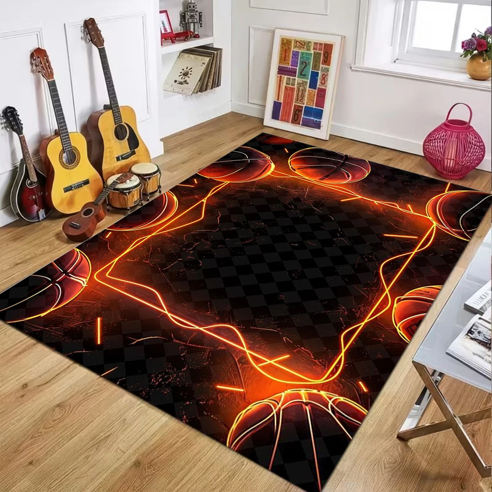 Black Base Neon Basketball Line Pattern Carpet Modern Sports Decor Soft Mat for Living Room Bedroom Home Decor