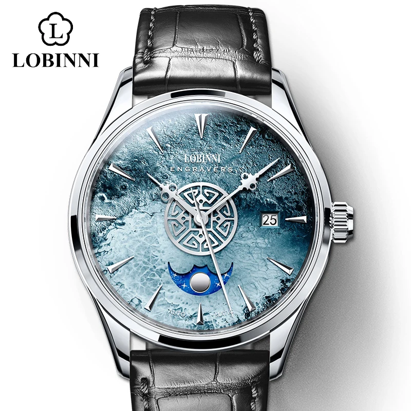 LOBINNI 17015 40,5 MM Männer Mechanische Armbanduhren Meteorit Zifferblatt Uhr Echtes Leder Saphir Automatische Retro Uhren Herren