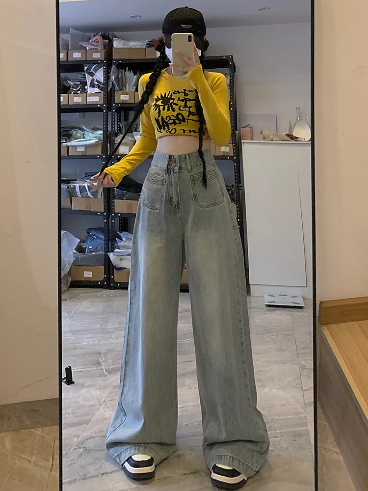 

Широкие джинсы с высокой талией, женские осенние джинсы с двойным синим цветком, гонконгские длинные брюки свободного покроя, прямой крой, эффект похудения