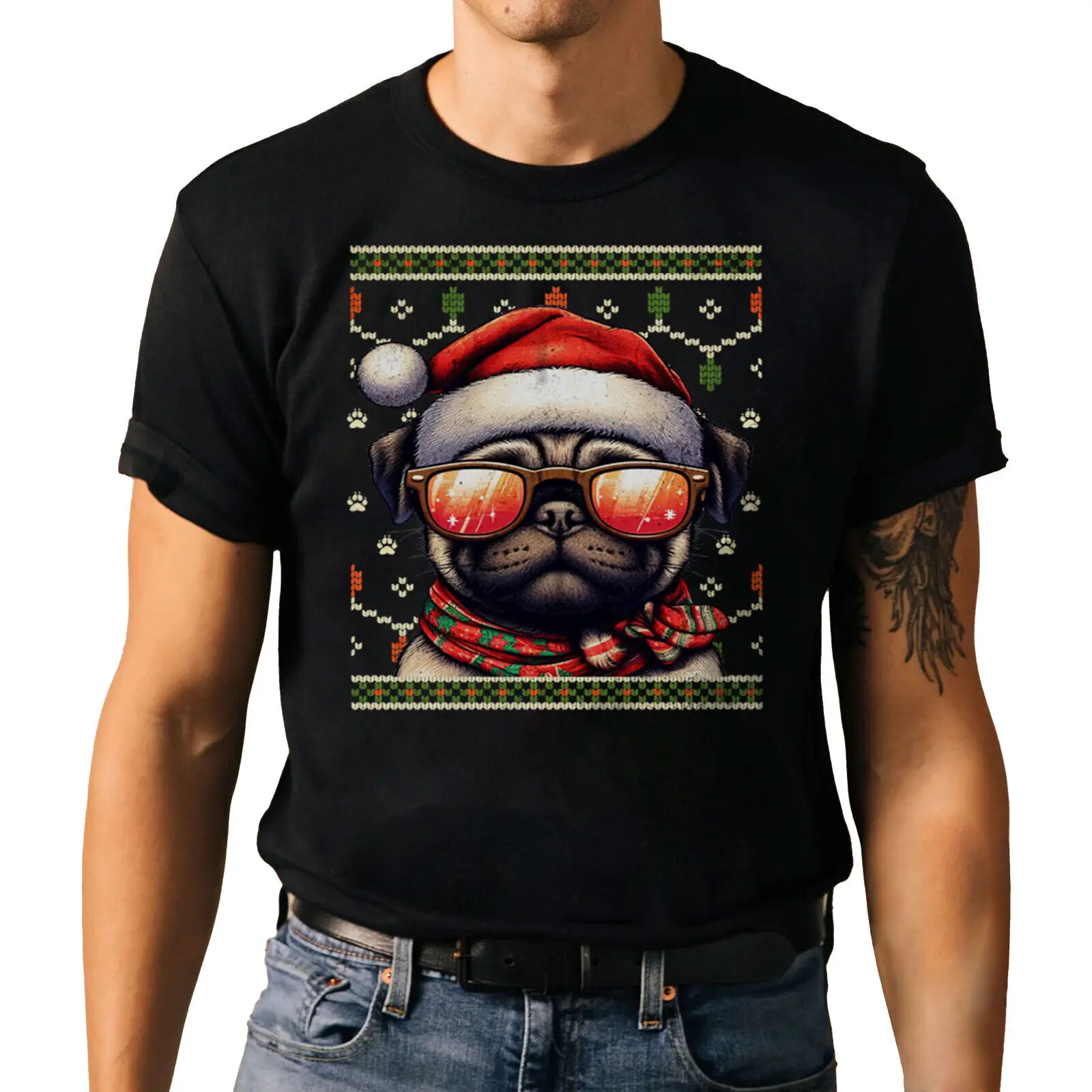 

Festive Ugly Christmas Pug T-Shirt, Dog Lovers Holiday Men Women Graphic Tee