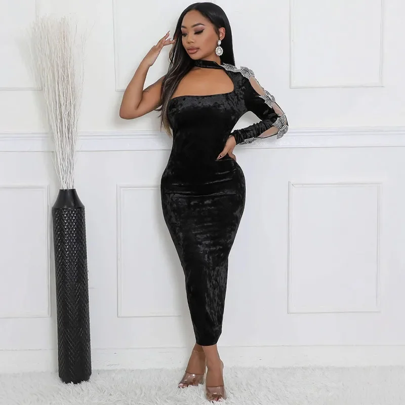 Sexy One Shoulder Velvet Maxi Dress Women Evening Night Club Party Halter Long Sleeve Bow Tie Prom Elegant Long Dresses Gown