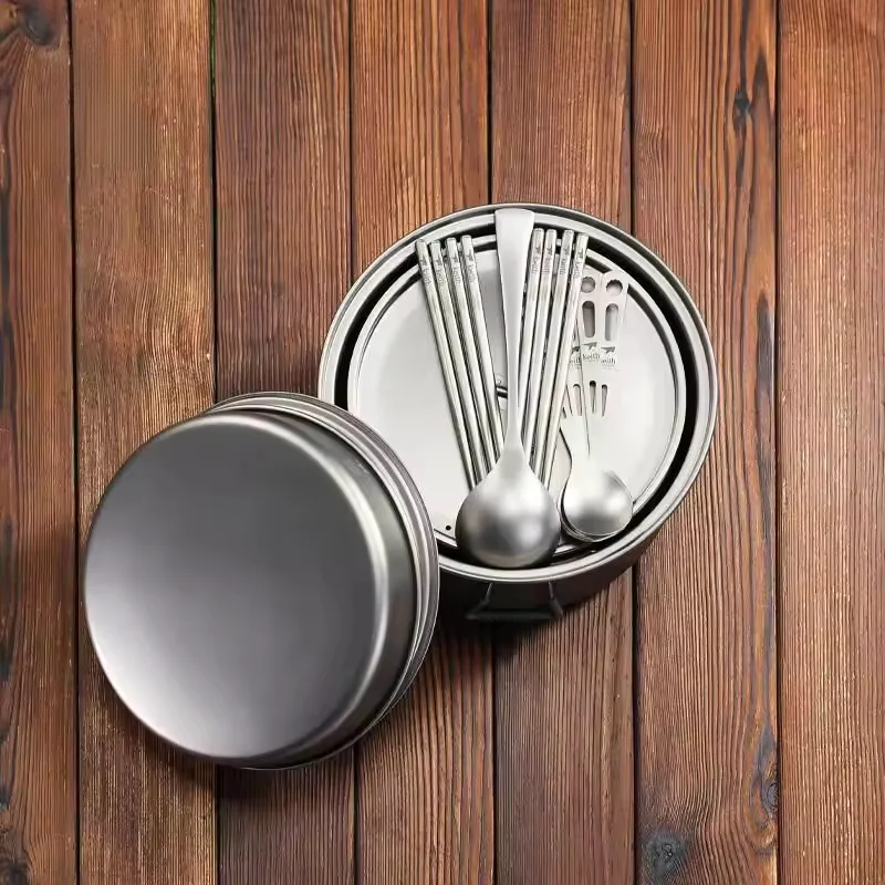 

Titanium Cookware Set Ultralight Heat Resistant Camping Dining Kit with Bowl Spoon Fork for 4 People Hiking Survival Gear