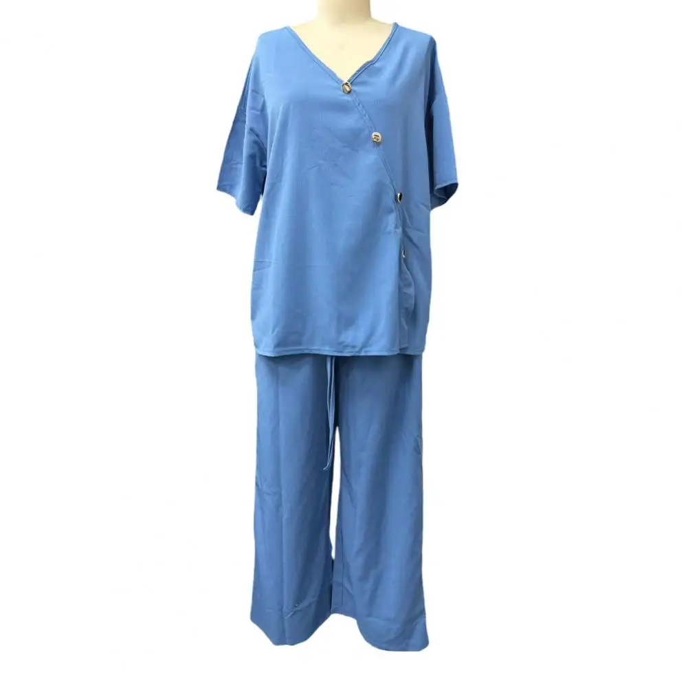 

Two Piece Outfits for Women Button Down V Neck Short Sleeve Top And Drawstring Long Pants Summer Lounge Sets Spring Summer Autum