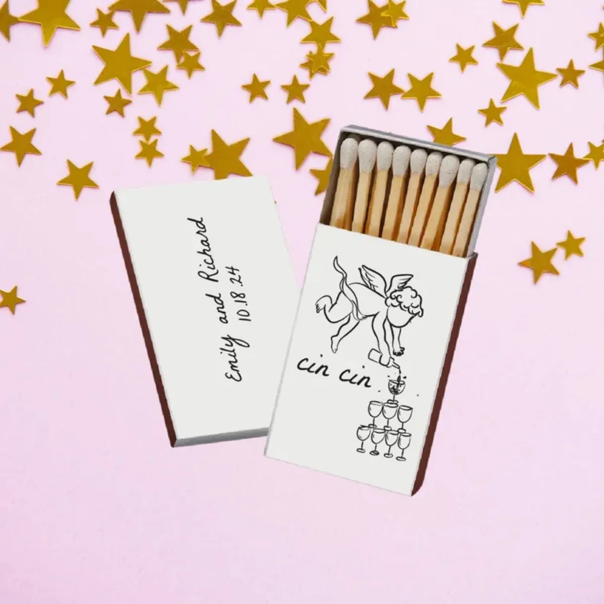 

Cin Cin Cherub Hand Drawn Cupid Icon Personalized Wedding Match Boxes, Custom Engagement Two-Side Matches, Memorable Gifts, Part