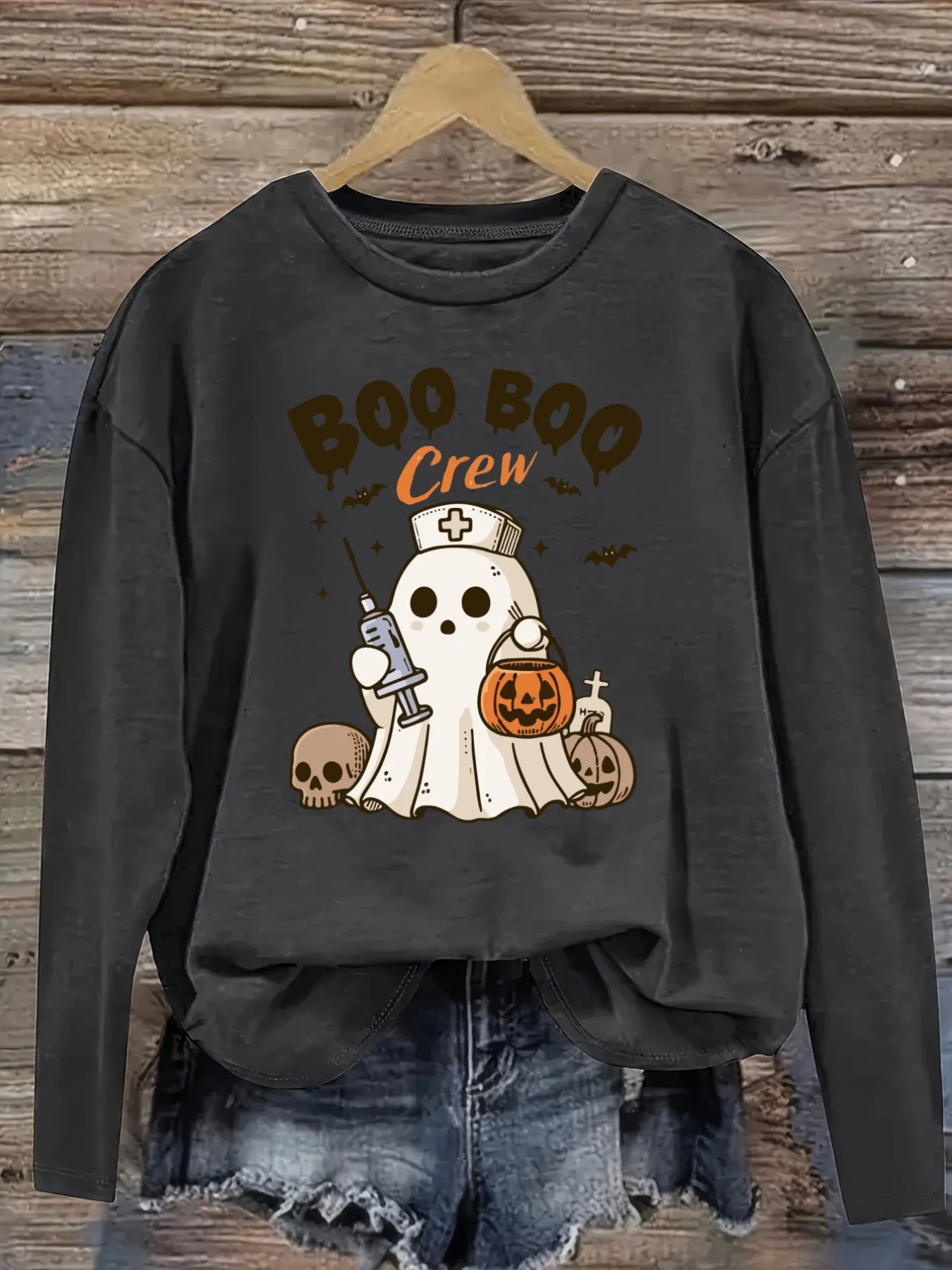 Women's Casual Long Sleeve Crew Neck T-Shirt Boo Boo Crew Ghost Design Design, Round Neck Women's Clothing, Machine Washable, Slightly Elastic, Loose Fit, Spring Autumn Winter Women's T-Shirt, Halloween Costume Outfit