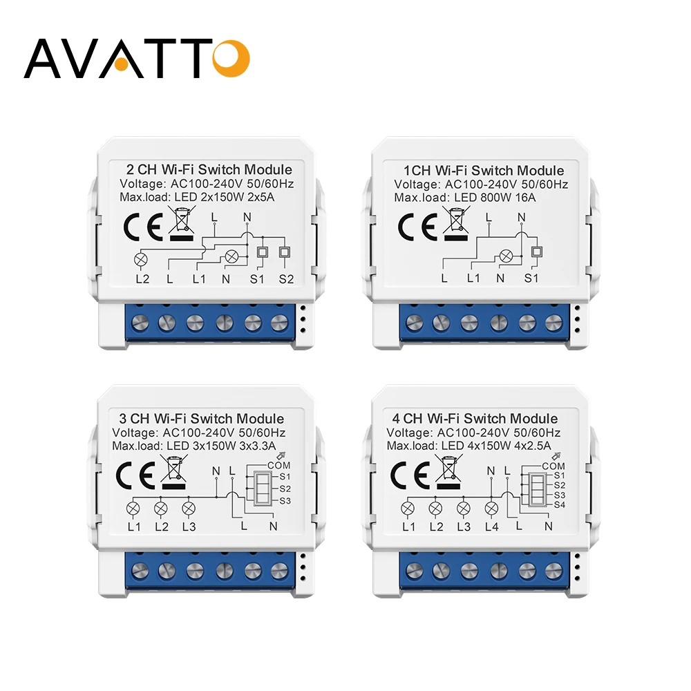 AVATTO Tuya WiFi Smart Light Switch Module，1/2/3/4 Gang DIY Breaker Neutral Wire Control Works With Alexa, Google Home