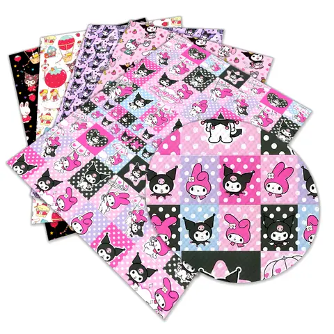 22*30cm Sanrio 캐릭터 Kuromi 멜로디 인쇄 된 가짜 크로스 가죽 시트 합성 가죽 원단 DIY 귀걸이 핸드백