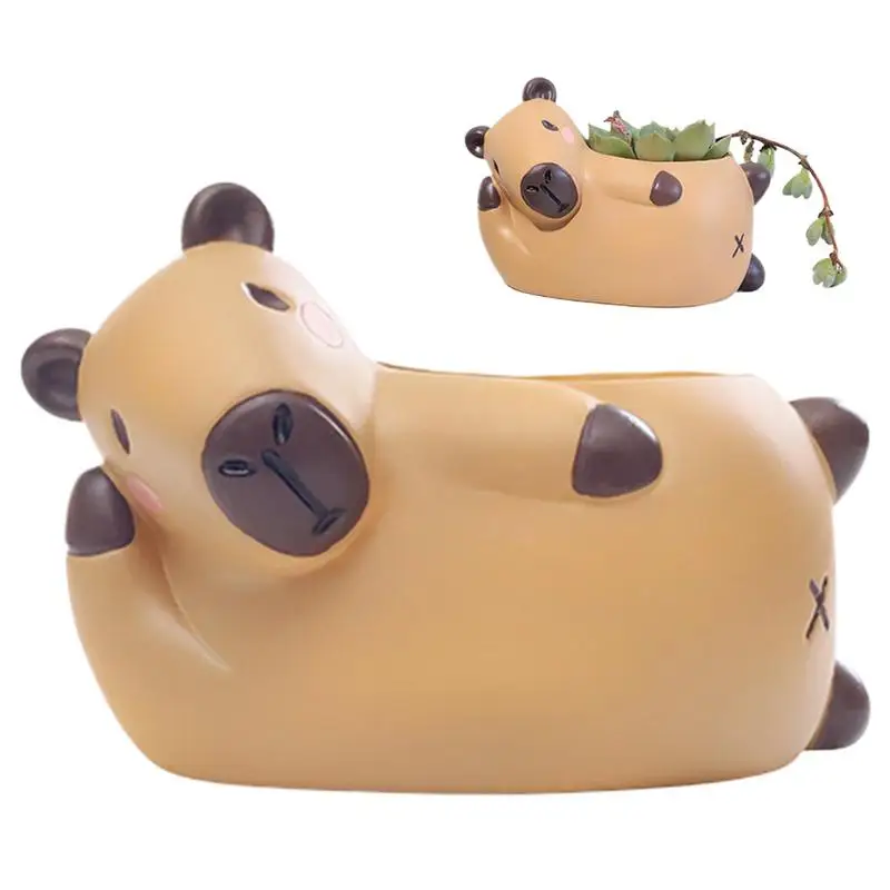 Animal Planter Resin Capybara Planter Funny Planter with Drainage Cute Animal Flower Pots Statue Sculpture Novelty Planter Desk