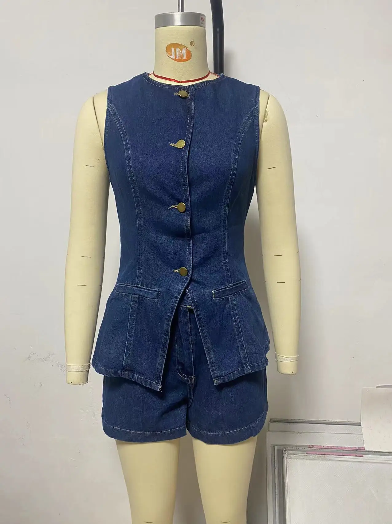 Mandylandy ฤดูร้อนแขนกุด 2 ชิ้นชุดผู้หญิง DENIM เดี่ยว O-คอเสื้อกางเกงขาสั้นกางเกงชุด Streetwear ชุดใหม่