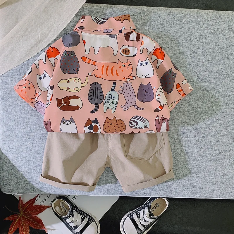 Baby Boy Summer Clothes Korean Print Short Sleeve Shirts and Shorts Two Piece Tracksuit for Kids Boys Designer Suits Outfits Set