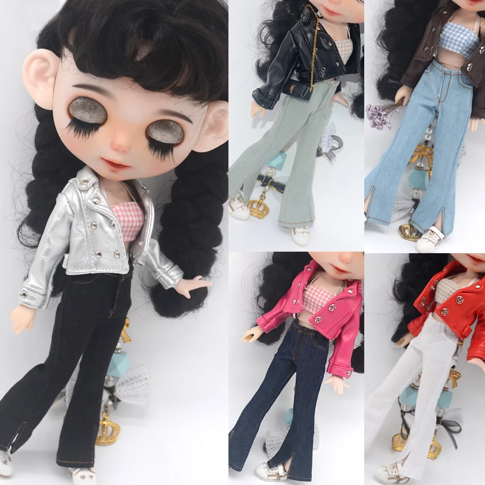 28-30cm Blyth Doll Clothes Azone OB24 Fashion Leather Jackets Jeans Flared Pants Tube Top Accessories Girls Gift Toys