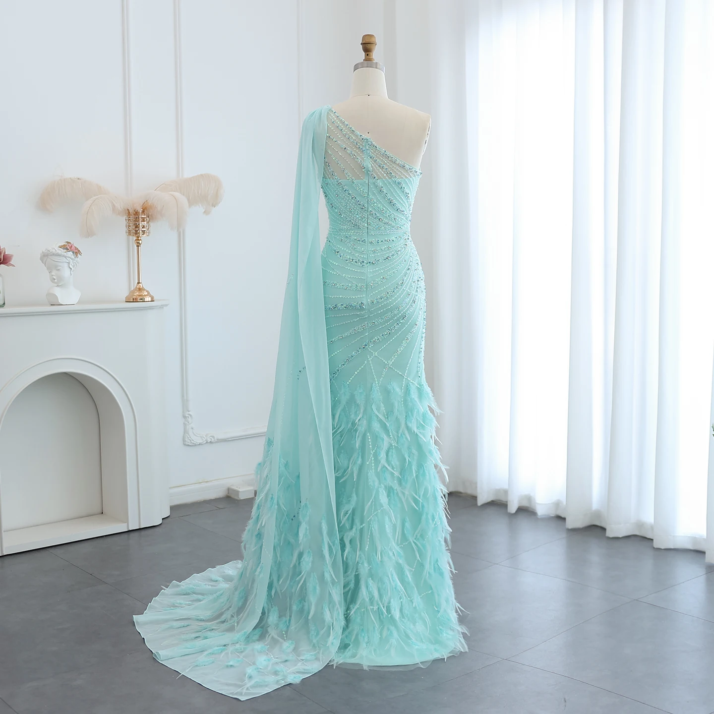Sharon Said Luxury Feather Turquoise Aqua One Shoulder Evening Dresses with Cape Train Prom Wedding Party Gowns SS498 Customized image 3
