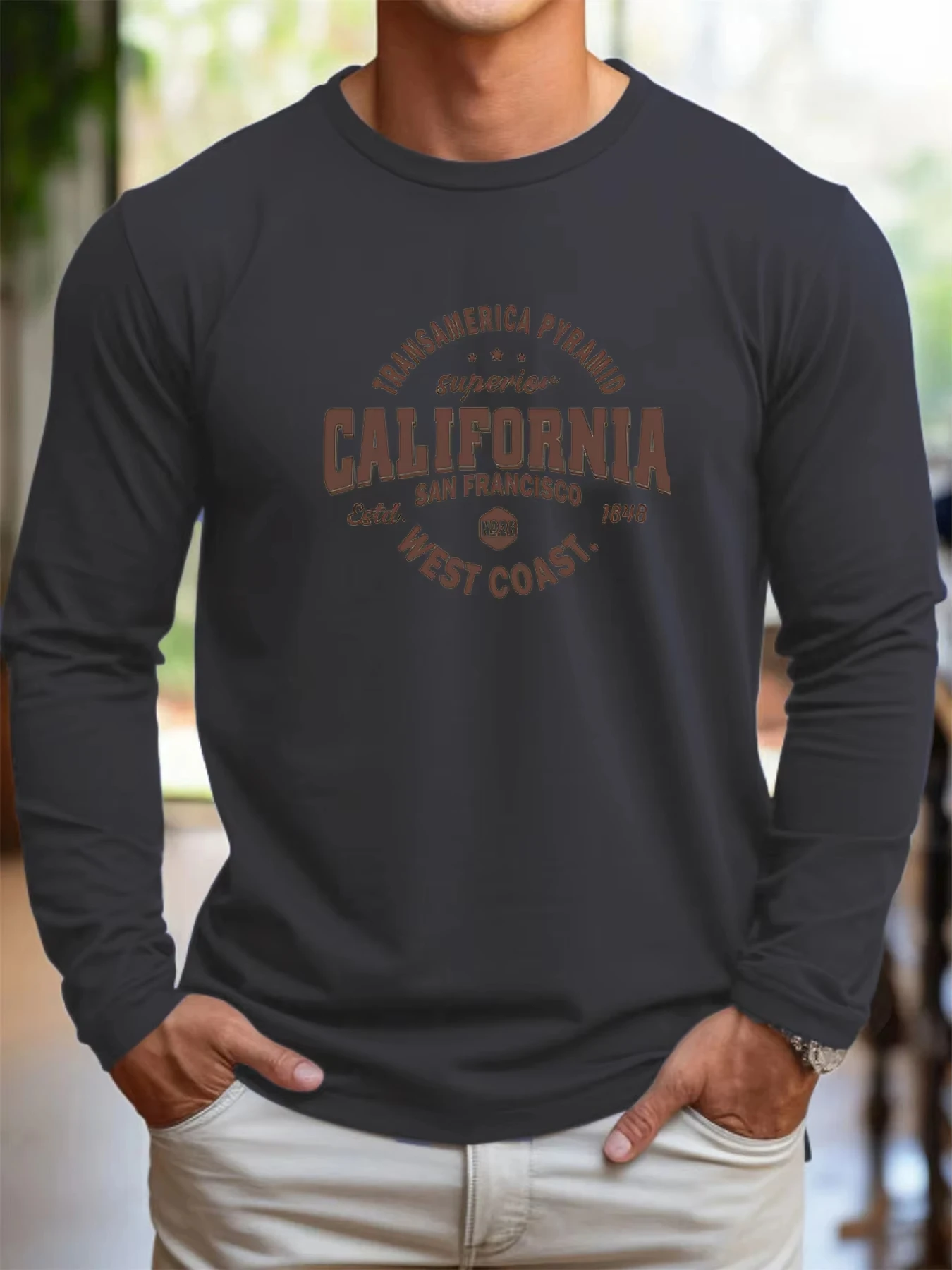 خريف جديد الرجال كاليفورنيا الساحل الغربي ملابس منقوشة بكم طويل تي شيرت موضة س الرقبة تيز ملابس الذكور غير رسمية فضفاضة المتضخم القمم