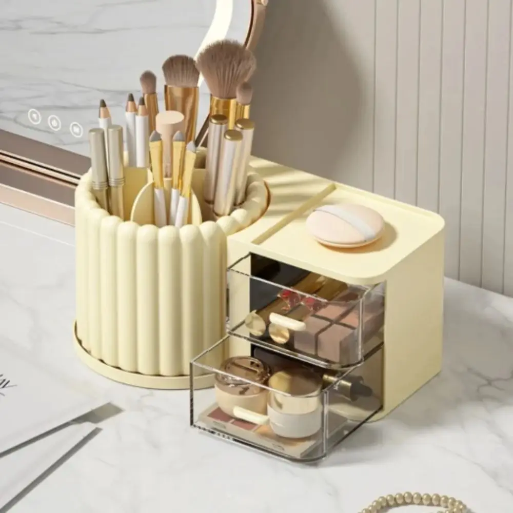 

360° Rotating Makeup Brush Holder Large Capacity Multiple Compartments Desk Organizer 2 Drawers Simple Design Storage Box