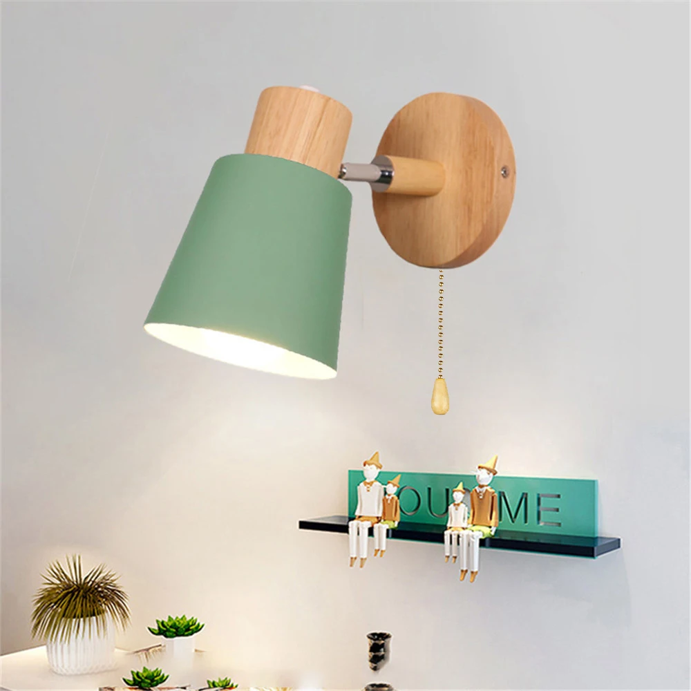 

Nordic Wood Wall Lamp Modern Adjustable Wall Sconce For Bedroom Living Room Home Lighting Macaroon 6 Color Steering Head E27
