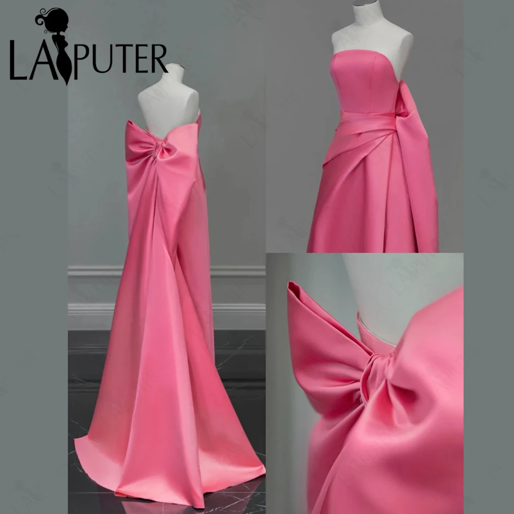 Plain Pink Satin Girl Prom Dresses Strapless A line Long Evening Gown Ruched Back Detachable Big Bow Knot Cute Celebrity Dress