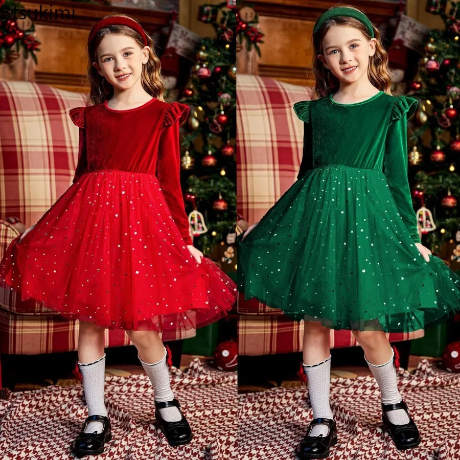 

2026 New Year Christmas Gift for Girls Long Sleeve Velvet Party Dress Shinny Stars Mesh Tutu Dress Xmas Carnival Cosplay Costume