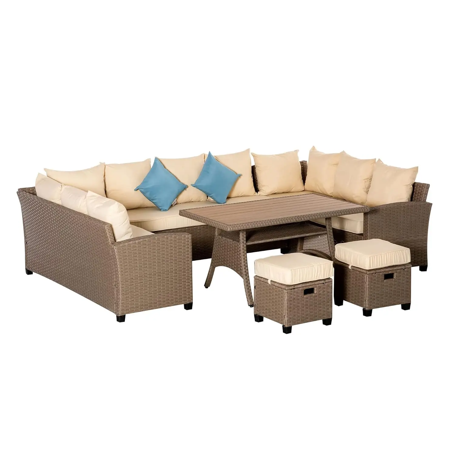 

6 Piece PE Wicker Patio Set Sectional Sofa Ottoman Slat WPC Table All Weather Pillow Outdoor Garden, Customized
