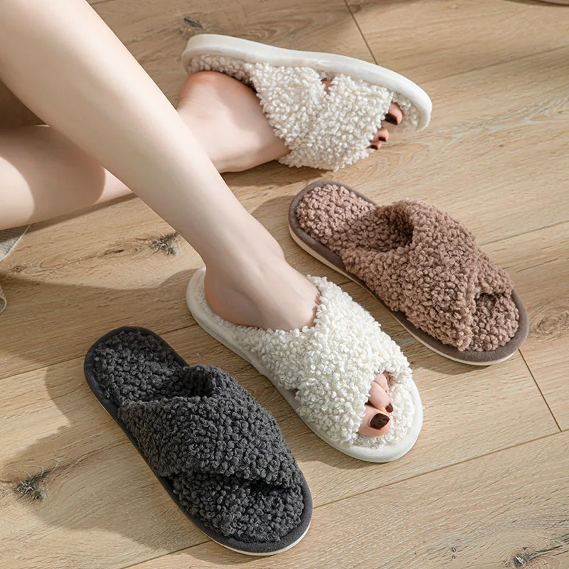 2024 Europe and America Hairy Cross Belt Cotton Slippers for Women At Home Skin Friendly Plush Cotton Slippers Summer Cool Shoes