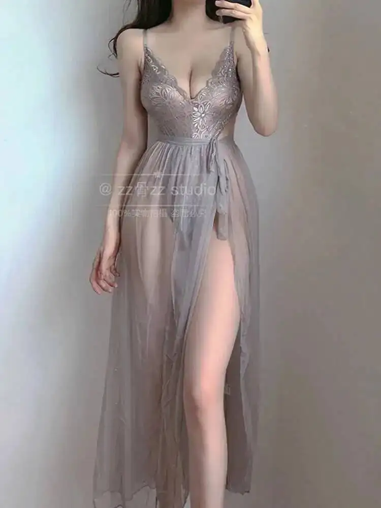 2023 New Exotic Super Sexy US Women V Neck Lace Transparent Mesh Strap Backless Maxi Dress Long Robe Korean Girl SWeet Japan 5A view 2