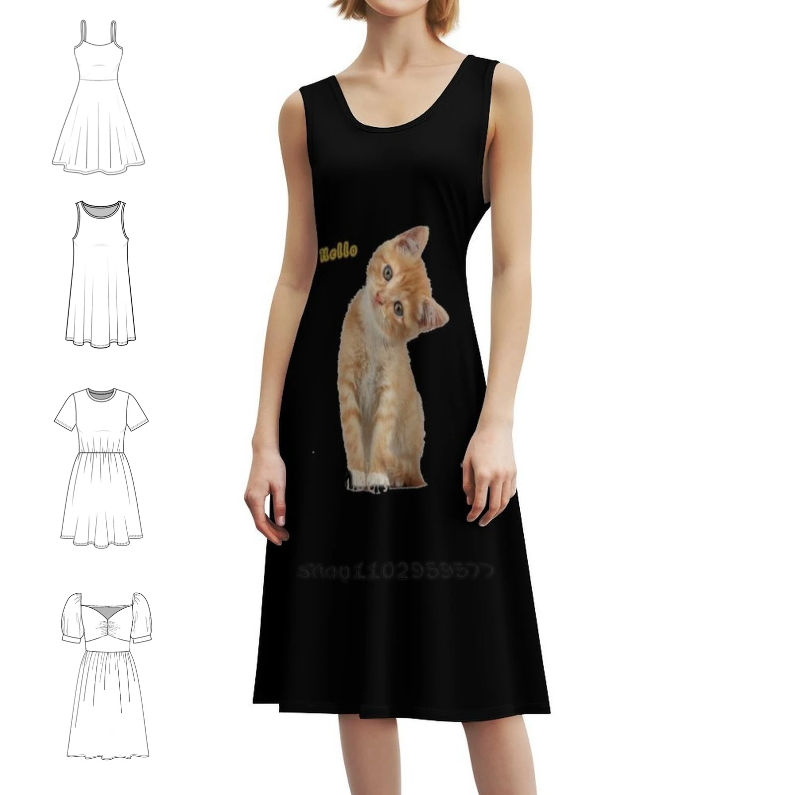 Hello From Cat . Vintage Bohemian Dress Puff Sleeve Or Sleeveless Options For Women Dress Cat Cute Cats Funny Kitty Animal