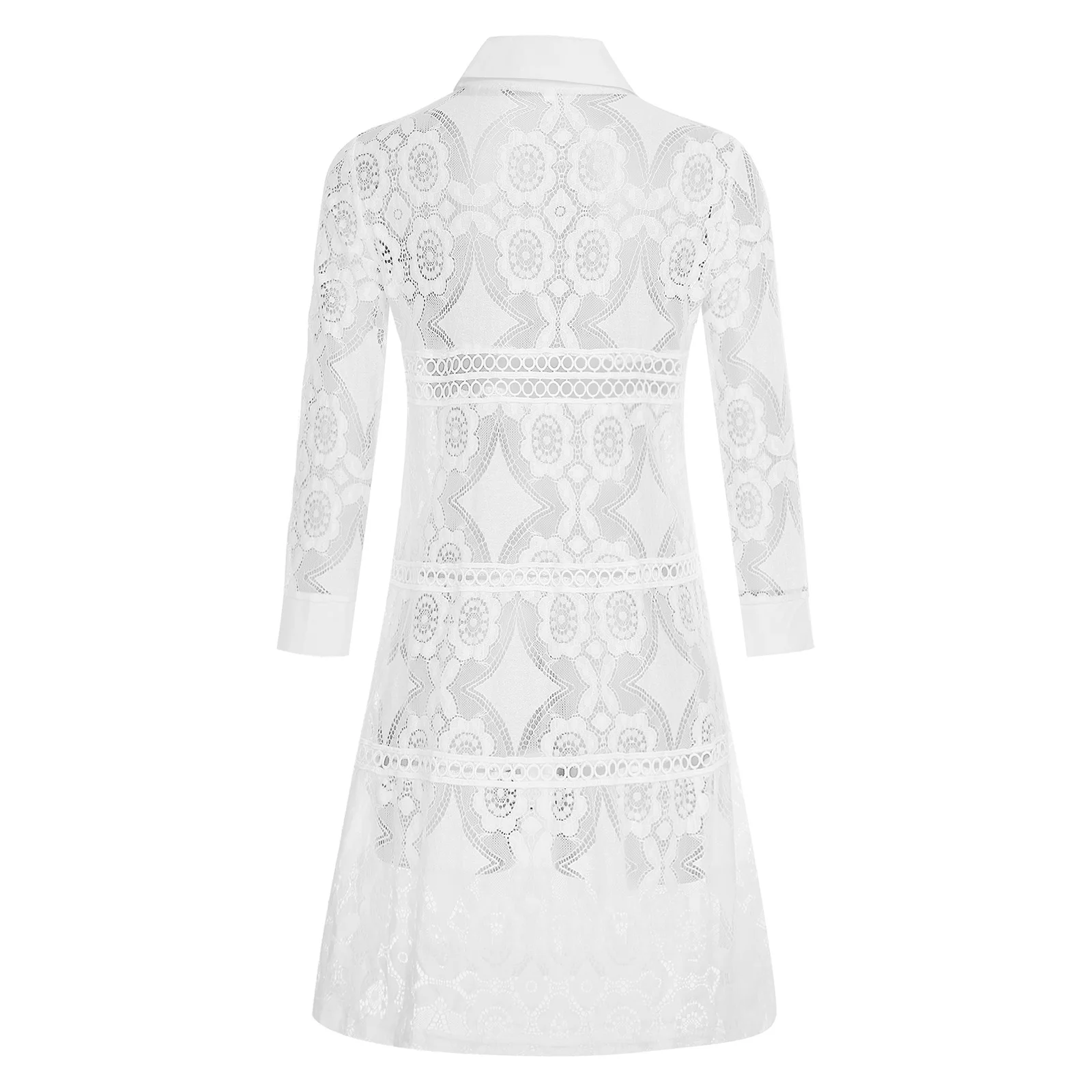 เสื้อเชิ้ตผู้หญิงผ้าลูกไม้ซีทรู แขนยาว ปกเสื้อเชิ้ต แต่งลูกไม้กิปัวร์ ติดกระดุม สไตล์โบฮีเมียน เสื้อคลุมตัวยาว เสื้อเบลาส์ เสื้อผ้าสุภาพสตรี