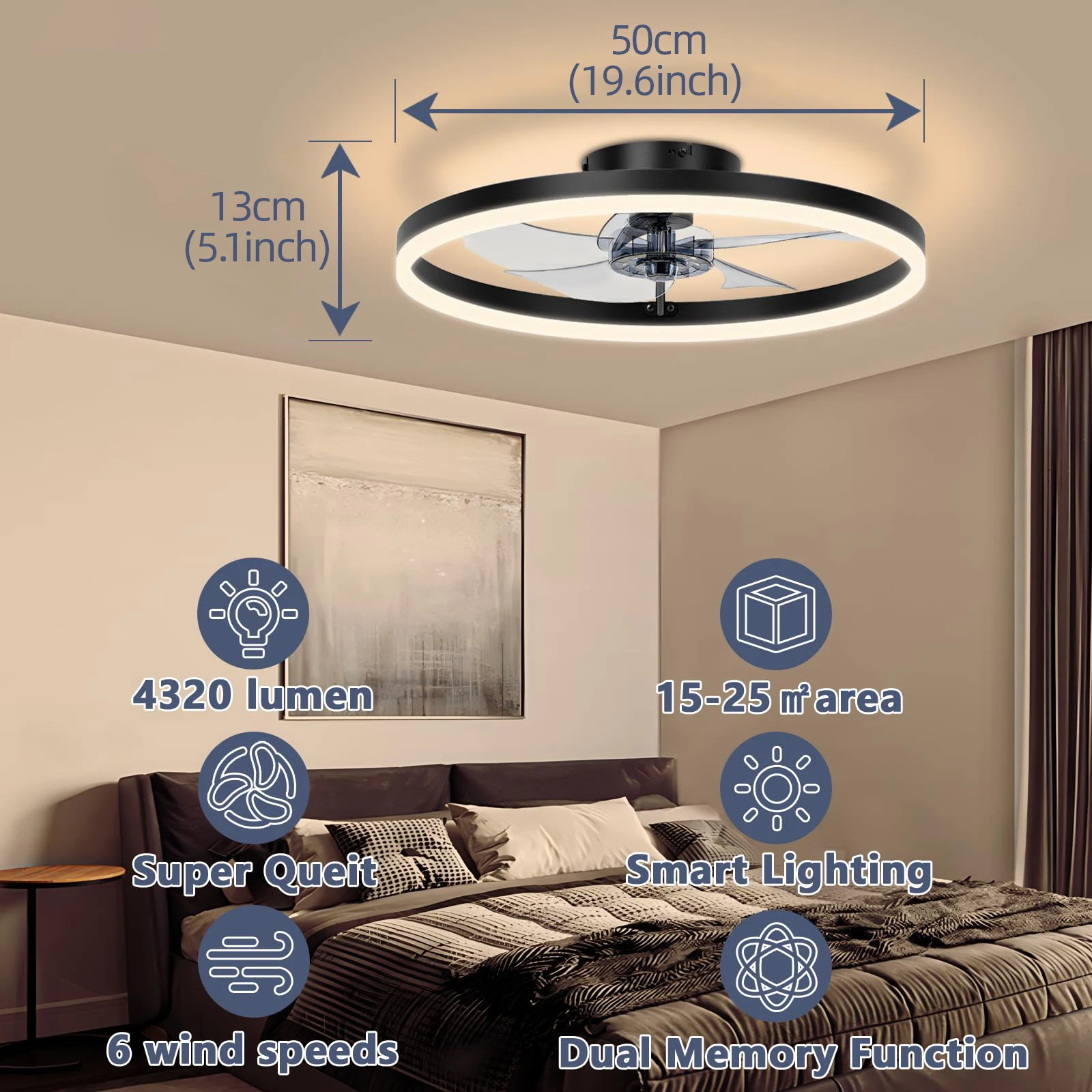 Slimme plafondventilator met verlichting en afstandsbediening 6 snelheden dimbare LED-ventilatorlamp Inbouw plafondventilator voor slaapkamer woonkamer keuken
