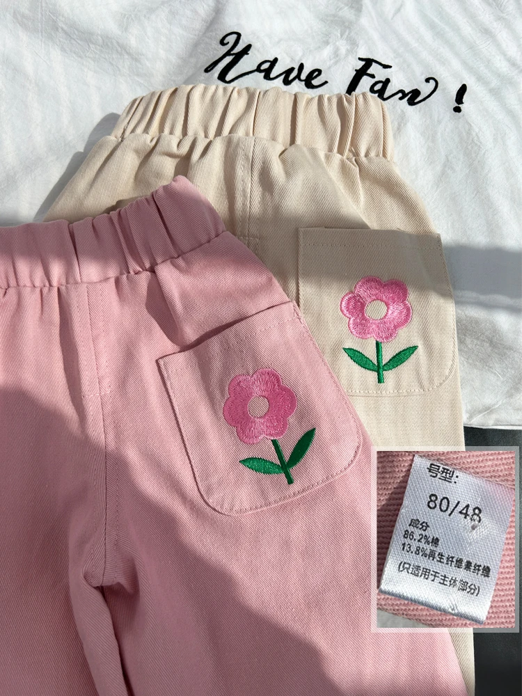 Cute Baby Girls Flower Embroidery Pants Elastic Waist Loose Casual Harem Pants Korean Style 1-6Years Old Girl Trousers