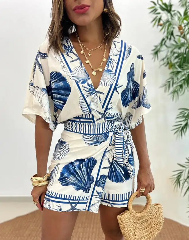 

2026 Spring/summer New Women's Fashion Elegant V-Neck Half Sleeve Wrapped Waist Belt Side Casual Elastic Dress