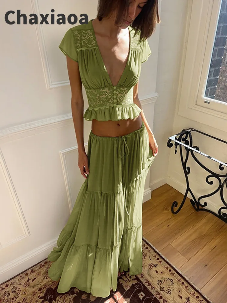 

Элегантный шифоновый комплект из двух предметов Chaxiaoa: укороченный топ с V-образным вырезом и длинная юбка. Идеально подходит для клубных вечеринок.