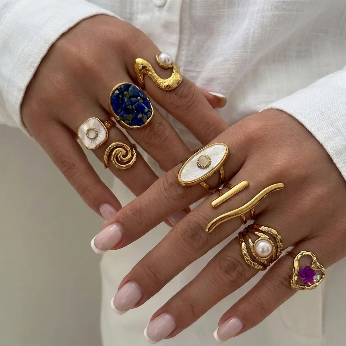 Ästhetische, natürliche Kieselsteine, spiralförmige, imitierte Perlen, strukturierte, gewellte Ringe für Damen und Herren, Edelstahl, geometrischer Ring, Schmuck. – Detail 9